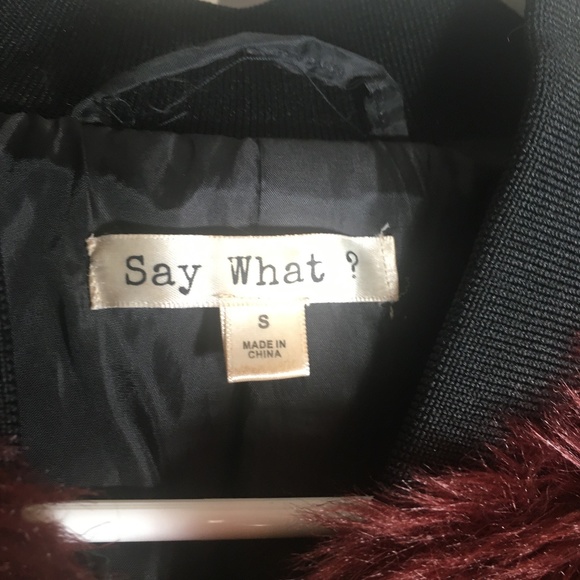Say What? Burgundy Faux Fur Bomber Jacket Size S - Picture 3 of 5